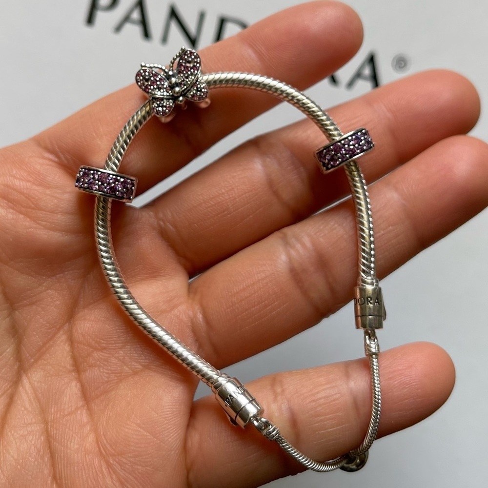 Authentic Pandora Slider Tennis Bracelet w/ 3 Pandora Charms EUC - Picture 2 of 16